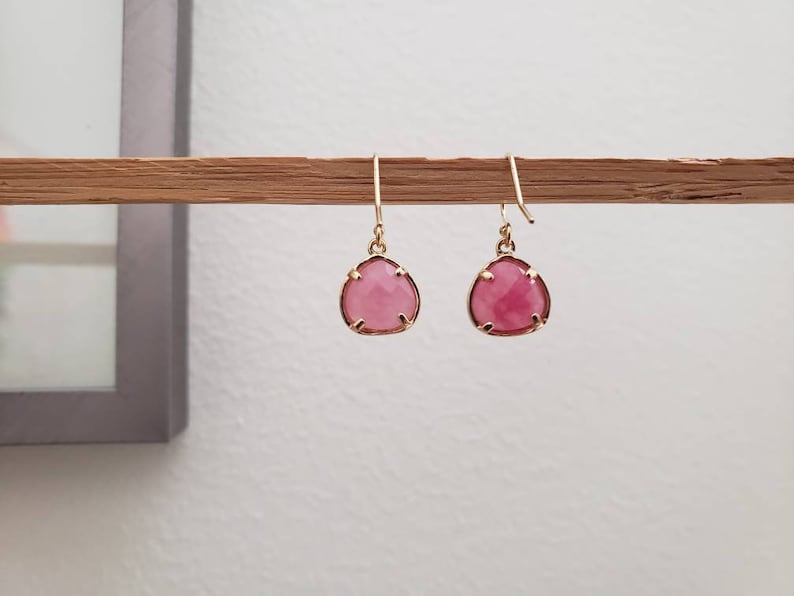 Minimalist Jewelry Pink Faceted Glass Bezel Drop Gold Filled Earrings jingsbeadingworld Cherry Quartz Pink Unique Gift Ideas For Her