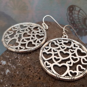 Sale Filigree Heart Disc Silver Earrings, Heart Jewelry, Sterling Silver Earwire, Statement Earrings, Valentine&#39;s, Unique Gift for her **