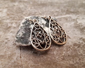 Silver Heart Teardrop Earrings, Antique Silver Earrings, Filigree Drop Earrings, Gift for her, Unique Valentine's Gift, jingsbeadingworld **