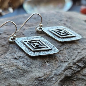 Sale Silver Geometric Earrings, Diamond Shaped Earrings, Rustic Antique Silver, Geometric Jewelry, Tribal Bohemian Unique Gift Ideas For Her
