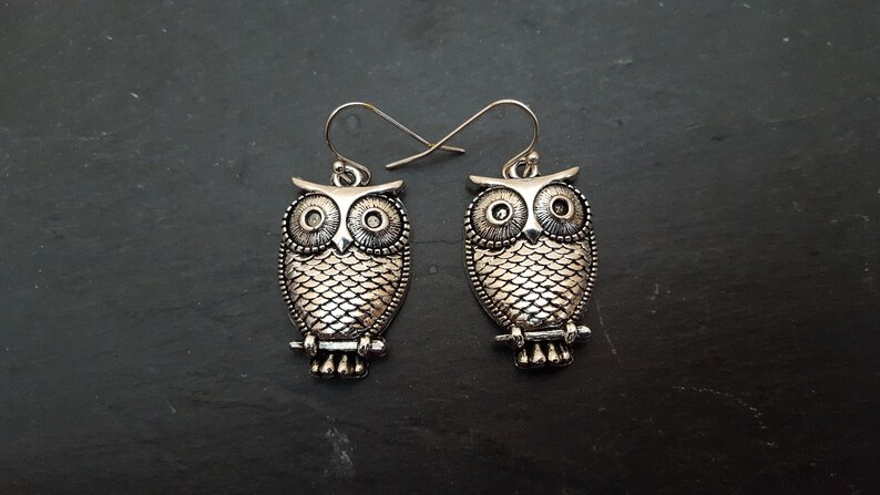 Sale Silver Owl Earrings, Tibetan Silver, Antiqued Silver Owl Charm Earrings, Owl Jewelry, Gift for her, jingsbeadingworld, Nature Inspired image 3