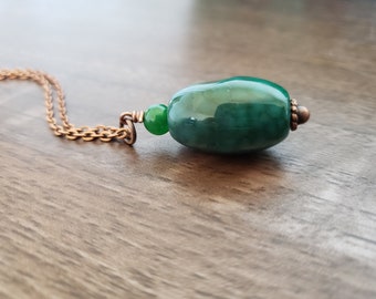 Green Agate Necklace, Emerald Green Dragon Vein Agate Gemstone Jewelry, Antique Copper Necklace, Rustic Earthtone, Unique Gift Ideas For Her