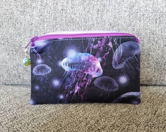Sale Handmade Jellyfish Ocean Themed Zipper Pouch, Lined Fabric Coin Purse, Lavender Purple Blue, Unique Gift For Her, jingsbeadingworld