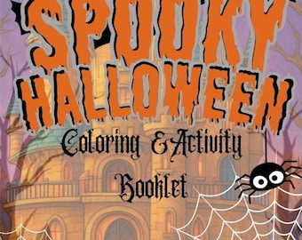May include: A Halloween-themed coloring and activity booklet. The cover features a spooky castle with orange text that reads "Spooky Halloween." Bats, a spider, and pumpkins are also visible.