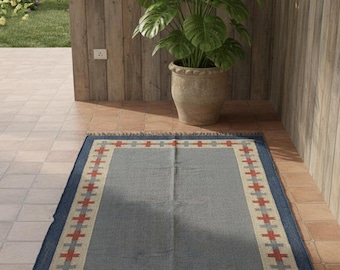 Handmade Indian Wool Jute Kilim Rug, Rustic Geometric Flatweave Dhurrie, Farmhouse Boho Area Rug, Custom Size Living Room, Home Decor Rug