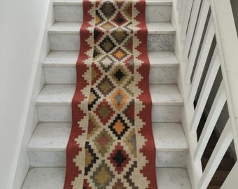 Handwoven Wool Jute Stair Runner: Red Kilim Rug