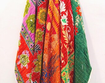 Handmade Kantha Cotton Scarf for Women, Boho Floral Bandana, Indian Printed Head Scarf, Colorful Reversible Wrap Sustainable Neck Scarf Gift