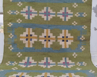 Handwoven Green Wool Jute Kilim Rug – Eco-Friendly Boho Carpet