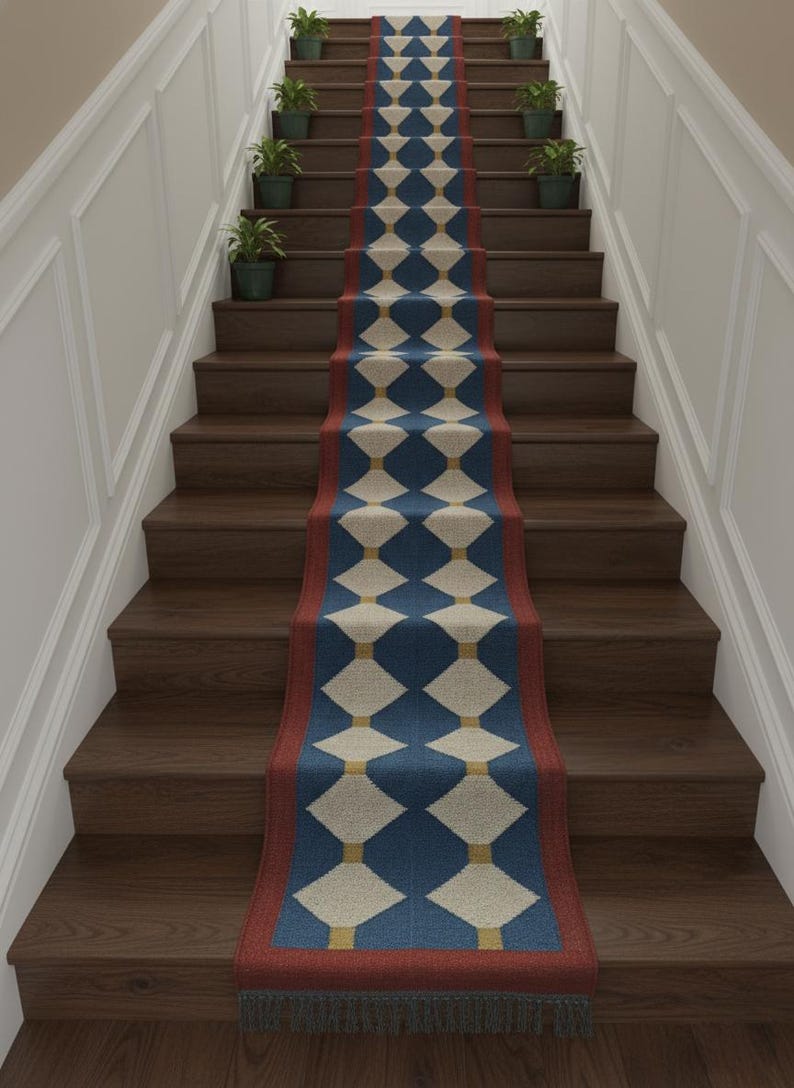 May include: A stair runner with a geometric pattern in blue, cream, and gold, bordered by a red edge. The runner is placed on dark wood stairs, with small potted plants on the steps.
