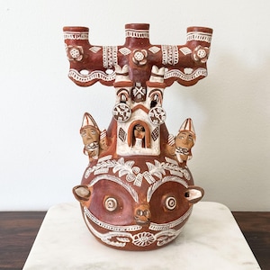 Vintage Peruvian Quinua Pottery Candelabra | 3-Light Bull Luminaria