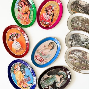 Bandejas vintage de hojalata en miniatura: platos ovalados de Coca Cola y bandejas metálicas coleccionables Currier & Ives 4 Seasons: elige el diseño