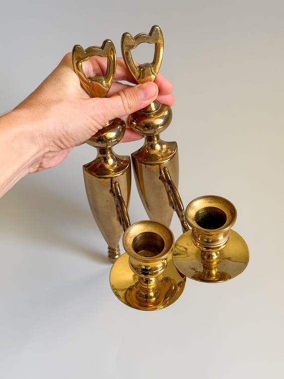 Vintage 10" French Brass Piano Candle Holders Pair | Lacquered Brass Sconces |Elegant Antique Decor