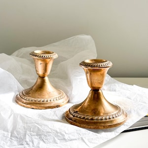 Vintage Gorham Gold Tone Candlesticks Set of 2 – Silverplate Weighted Holders, Wedding Tablescape