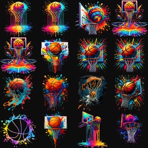 Może przedstawiać: Kolekcja żywych cyfrowych dzieł sztuki o tematyce koszykówki. Każdy projekt przedstawia piłkę do koszykówki i kosz z kolorowymi efektami rozprysków farby. Grafika prezentuje różnorodne style, od realistycznych po abstrakcyjne, na czarnym tle.