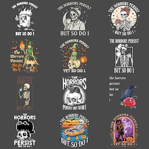 以下が含まれることがあります： ハロウィーンをテーマにしたグラフィックデザインのコレクション。デザインは、骸骨、魔女、猫、カボチャを特徴とし、「The Horrors Persist」や「But So Do I」などのフレーズが使用されています。カラーパレットには、黒、オレンジ、白が含まれています。