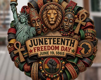 Personalized Juneteenth Freedom Day Door Hanger, June 19 Commemorative Wreath, African Plaque, Black History Month Wall Decor ID-0605-DWCV