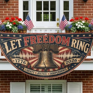 May include: A semi-circular banner featuring the text LET FREEDOM RING, 1776, and 2026, with a central Liberty Bell illustration, red and blue star-spangled accents, and small American flags flanking potted flowers on a white porch railing.