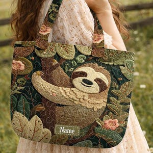 May include: A tote bag with a sloth design. The bag features a detailed illustration of a sloth hanging from a tree branch, surrounded by green leaves and pink flowers. The bag has a dark green background and a handle with a floral pattern. The word "Name" is printed on the bag.