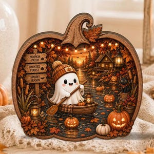 May include: A pumpkin-shaped wooden decorative sign featuring a ghost in a boat on a lake. The scene includes a signpost with the text Pumpkin Patch, Haunted Forest, and Spooky Season, surrounded by autumn leaves, pumpkins, and a black cat.
