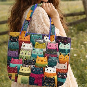 Personalized Adorable Cat Quilted Tote Bag, Custom Name Cute Kitty Portrait Shoulder Bag, Artistic Pet Lover Handbag, Cat Mom Gift ZZ337
