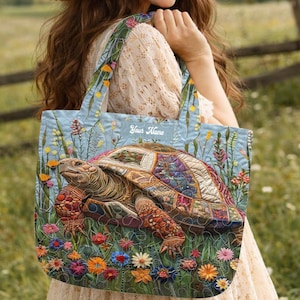 Personalized Sea Turtle Quilted Tote Bag, Custom Name Ocean Life Shoulder Bag, Artistic Nautical Handbag, Unique Beach Lover Gift ZZ378