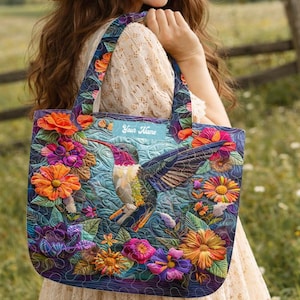 Personalized Vibrant Hummingbird Quilted Tote Bag, Custom Name Floral Bird Shoulder Bag, Artistic Hummingbird Handbag ZZ357
