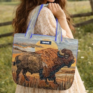 Personalized American Bison Quilted Tote Bag, Custom Name Buffalo Shoulder Bag, Artistic Western Wildlife Handbag, Unique Outdoorsy ZZ370
