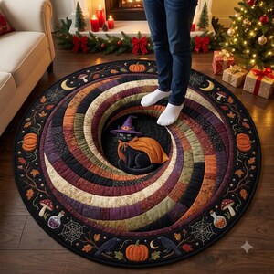 May include: A round rug featuring a spiral patchwork design in shades of orange, purple, and brown. The center displays a black cat wearing a purple witch hat and orange cape. The border includes pumpkins, mushrooms, spiderwebs, and ravens.