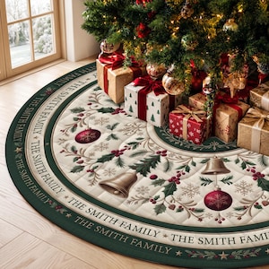 May include: A round, quilted Christmas tree skirt featuring a cream-colored center with a pattern of red ornaments, gold bells, green holly, and white snowflakes. The dark green border displays the repeated text THE SMITH FAMILY with stars.