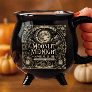 May include: A black cauldron-shaped ceramic mug featuring a gold and white graphic design with a crescent moon, bats, and the text Moonlit Midnight Magical Elixir, Est. 1693, Celestial Potions & Lunar Remedies, and Bottled Beneath Starlight.