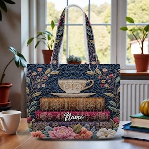 Book Lover Quilted Tote Bag, Personalized Floral Library Tote, Reader Gift, Book and Tea Shoulder Bag for Women ID-0312-AWPX