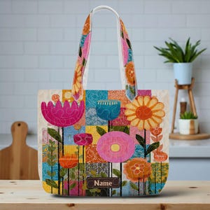 Personalized Quilt Tote Bag Colorful Floral, Patchwork Quilted Tote, Custom Name Gift for Women, Boho Flower Aesthetic Bag TD-0318-MQLS