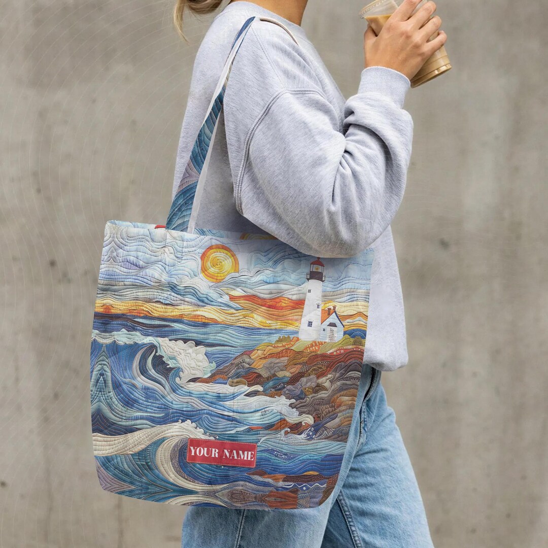 Vintage Lighthouse Quilted Tote Bag, Nautical Coastline Padded Handbag ...