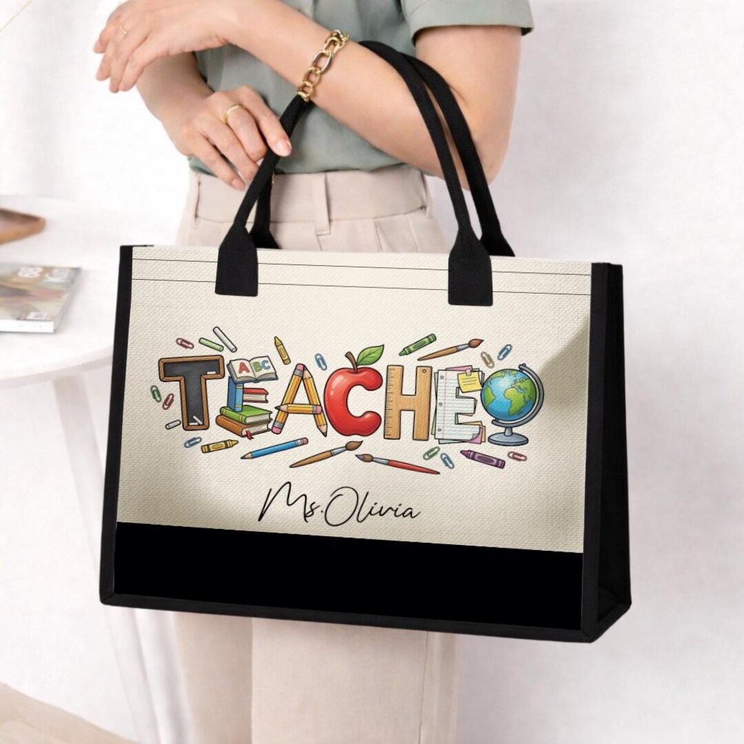 Personalized Teacher Apple Pencil Canvas Tote Bag, Educator Assistant ...