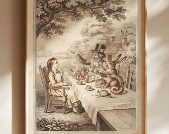 Antique Alice in Wonderland Poster, Mad Tea Party Wall Art, Whimsical Storybook Decor