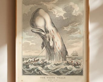 Moby Dick White Whale Poster, Dramatic Sea Storm Wall Art, Antique Whaling Decor