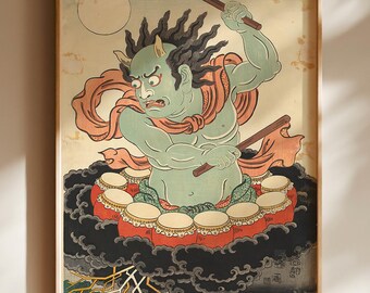 Raijin Thunder God Poster, Japanese Ukiyo-e Storm Wall Art, Edo Taiko Drum Folklore Decor
