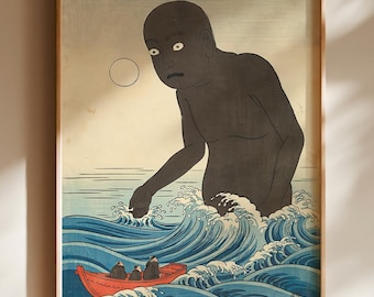 Japanese Yokai Umibozu Poster, Ukiyo-e Sea Monster Wall Art, Dark Nautical Ocean Decor