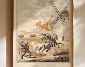Antique Don Quixote Poster, Tilting at Windmills Book Plate Wall Art, Spanish Literature Decor