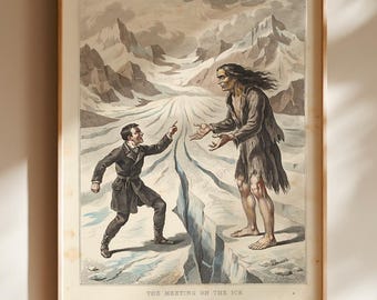 Frankenstein Monster Dark Poster, Mary Shelley Novel Wall Art, Antique Glacier Scene Print