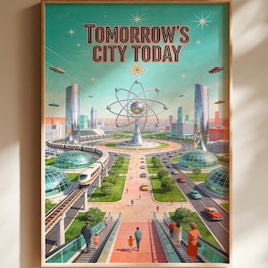 May include: A framed poster titled Tomorrow's City Today featuring a futuristic cityscape with a central atomic structure, glass domes, a monorail train, flying vehicles, and people walking on a pedestrian walkway under a teal sky with stars.
