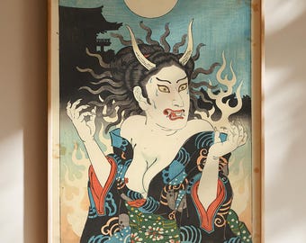Hannya Demon Poster, Japanese Ukiyo-e Wall Art, Vintage Woodblock Print