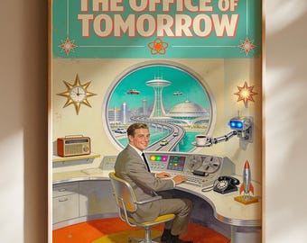 Retro Office Robot Poster, Atomic Age Space Age Wall Art, Mid Century Desk Decor