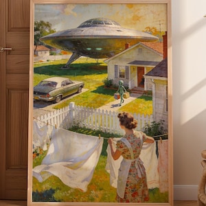 Förorts Alien-poster, 1950-tals hemmafru-UFO, retro sci-fi, amerikansk väggkonst från mitten av århundradet