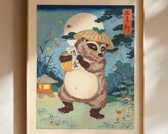 Japanese Tanuki Lucky Poster, Ukiyo-e Raccoon Dog Wall Art, Folklore Yokai Home Decor