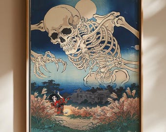Gashadokuro Poster, Giant Skeleton Japanese Yokai Wall Art, Ukiyo-e Horror Decor