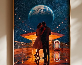 Slow Dance Couple Poster, Retro Futuristic Space Wall Art, Wedding Engagement Gift