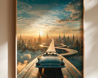 Sky Highway Sunset Poster, Retro Futuristic Wall Art, Dreamy Road Trip Decor