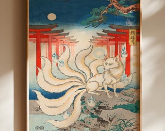 Ukiyo-e Kitsune Poster, Nine Tailed Fox Japanese Wall Art, Folklore Shrine Decor