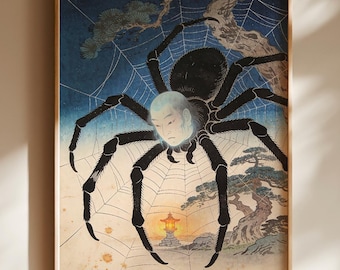 Yokai Spider Poster, Japanese Demon Horror Wall Art, Dark Ukiyo-e Decor